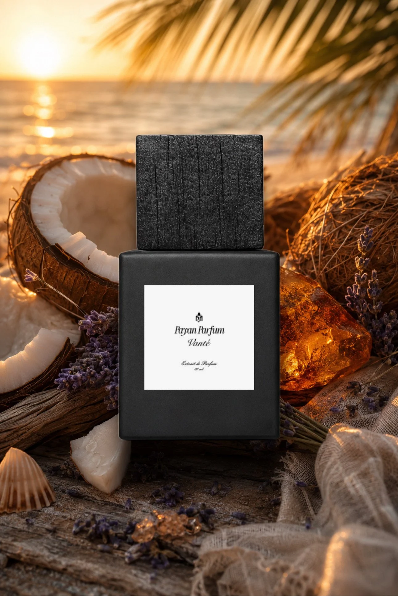 A black perfume bottle labeled 'Payan Parfum Vanté' is placed amidst seashells, dried lavender, amber stones, and lace fabric, with a sunset over the ocean in the background.