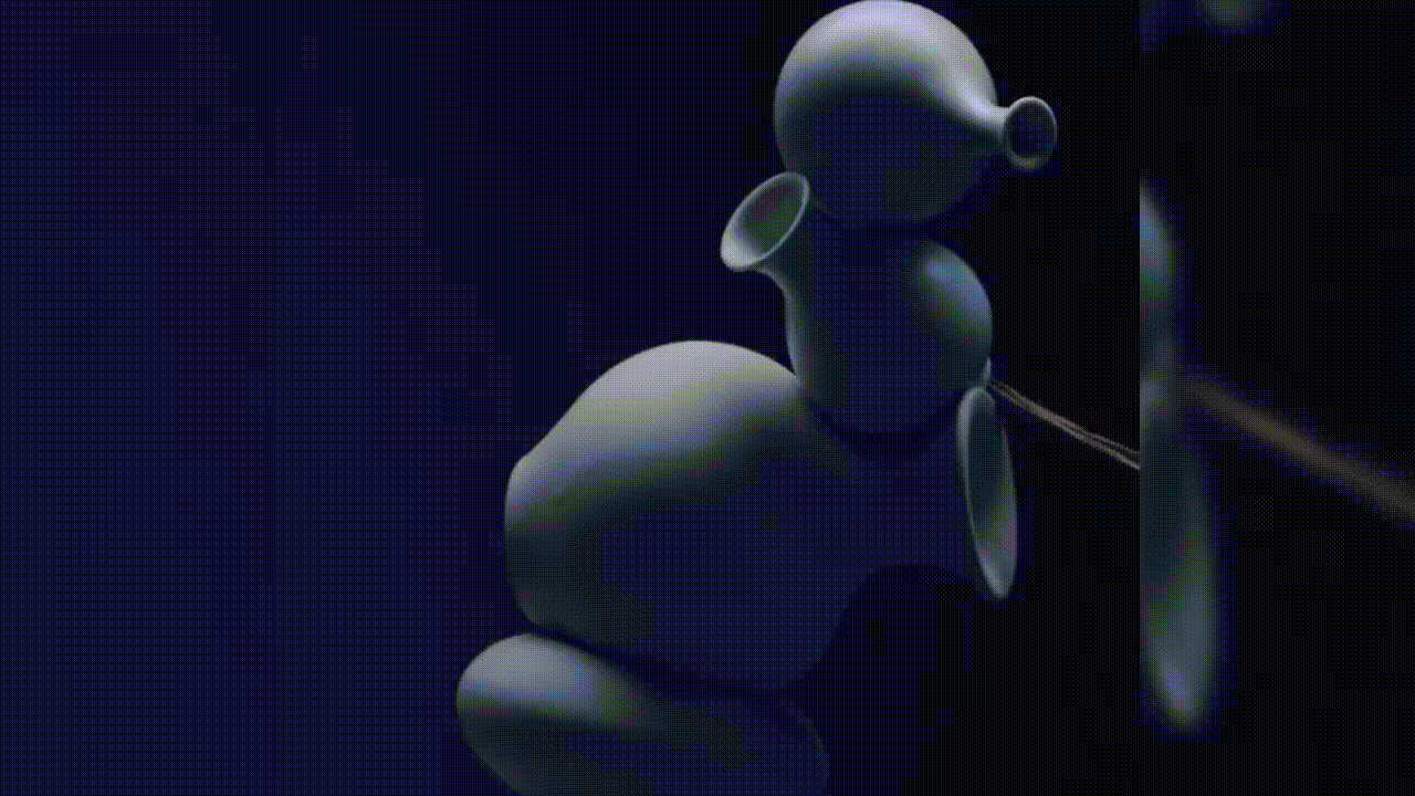 Abstract 3D-rendered sculpture with smooth, rounded shapes, reflective surfaces, set against a dark background.