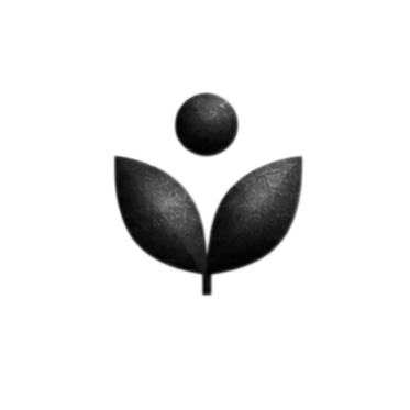 A black and white logo with a sphere above a stylized plant shape.
