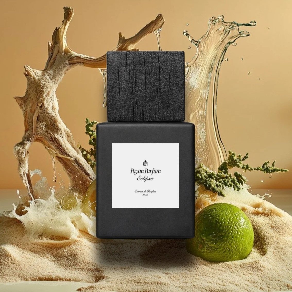 A black perfume box labeled Payan Parfum Eclipse with a white label, set against a desert-like background with sand, green lime, dried branches, and splashes of liquid.
