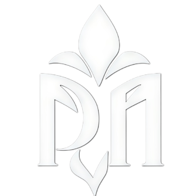Stylized black and white logo featuring the letters D and A with a lotus flower above.