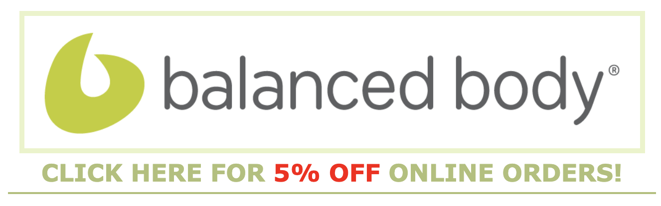 Logo for Balanced Body with a green abstract symbol and the company name in gray text, below a promotional message offering 5% off online orders in green and red text.