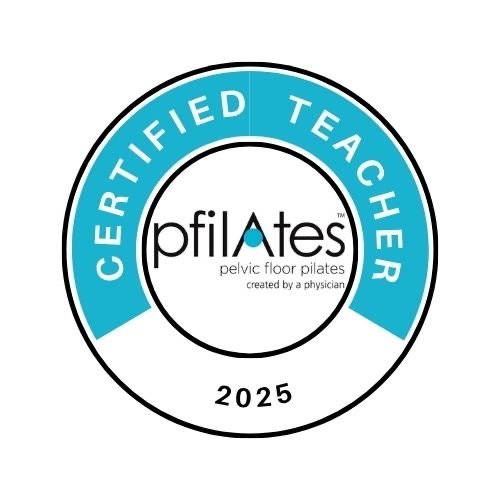 Certification badge for certified pelvic floor pilates teacher, created by a physician, for the year 2025.