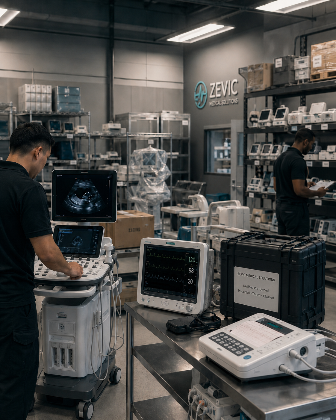 Medical equipment with monitoring screens in a warehouse setting for Zevic Medical Solutions, with two workers operating machines.