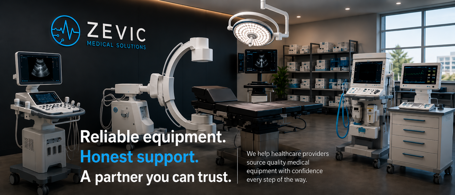 Medical examination room with ultrasound equipment, monitors, and an operating table, featuring the Zevic Medical Solutions logo and marketing text.