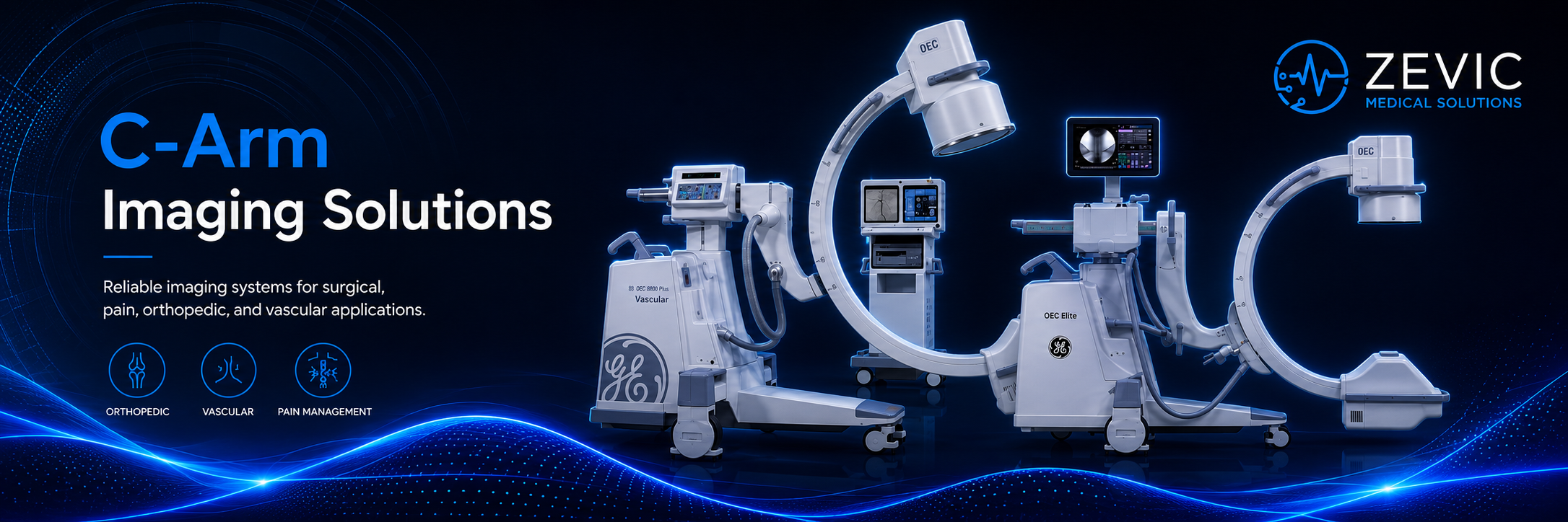 An advertisement for Zevic Medical Solutions showcasing C-Arm imaging systems used in surgical, pain, orthopedic, and vascular applications. The image features multiple C-Arm machines with screens and control panels, set against a dark blue background with digital wave graphics and the company's logo.