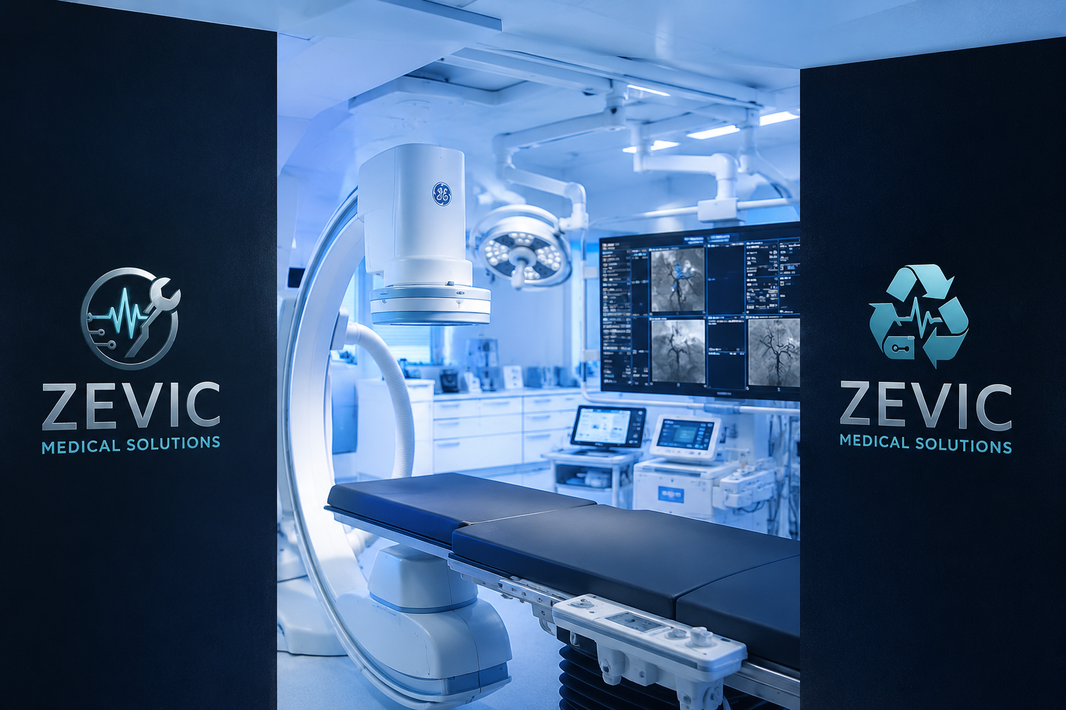 View through open doors into a modern medical imaging room with a GE medical machine, a patient table, monitors displaying scans, and the ZEVIC Medical Solutions logo on the doors.