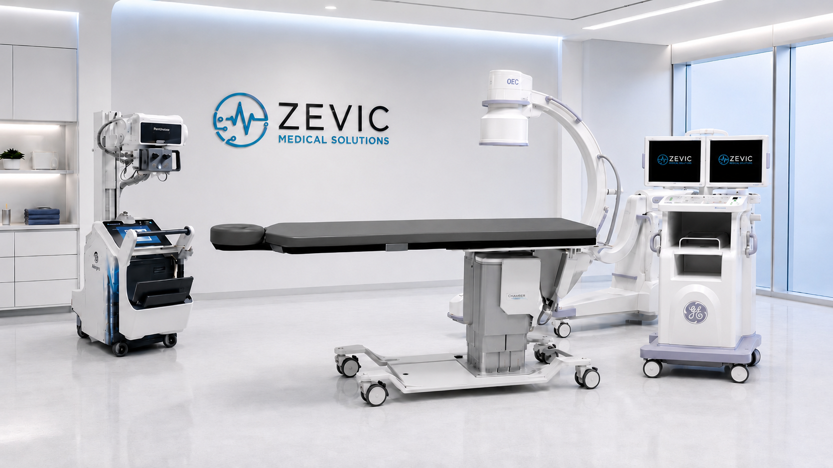 A modern medical operating room with advanced equipment, including an ultrasound machine, a hospital bed, and monitors, in a clean and well-lit environment at Zevic Medical Solutions.