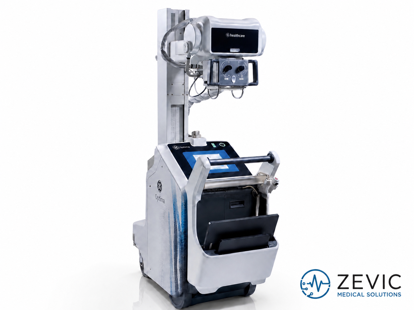 Medical device with a screen and controls, branded 'GE Healthcare', labeled 'Optima', with the 'Zevic Medical Solutions' logo nearby.