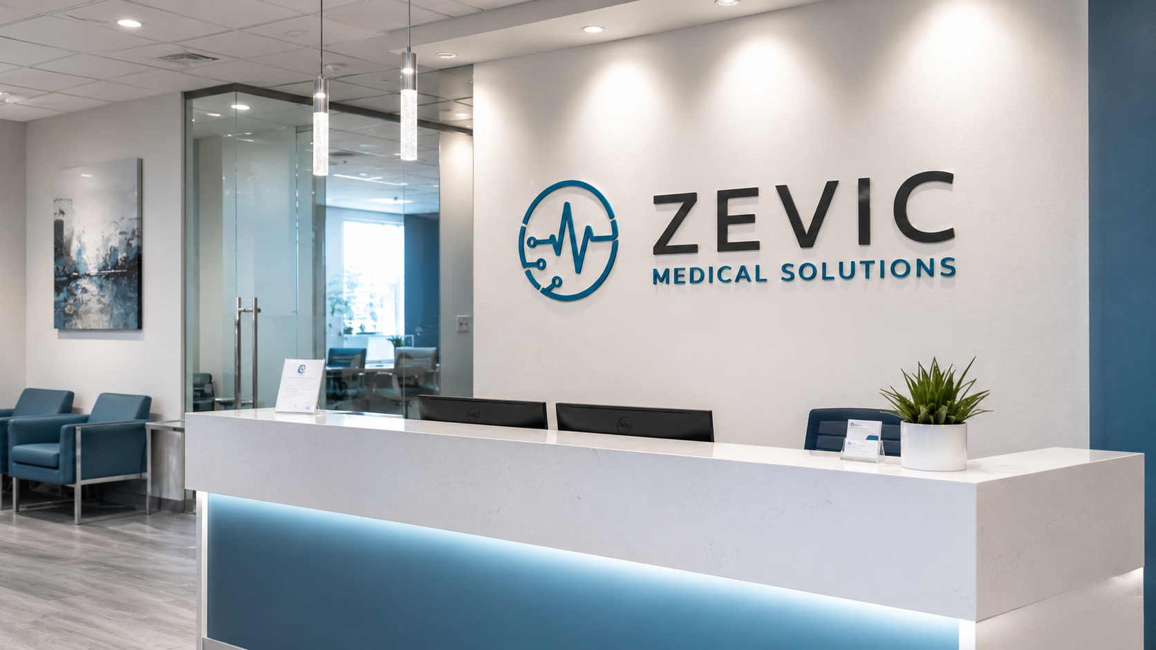Modern medical office reception area with white walls, blue accents, and a sleek white desk. The wall features a sign for Zevic Medical Solutions with a logo of a heartbeat line inside a circle. There are blue chairs along the wall, a painting, and a glass-walled conference room in the background.