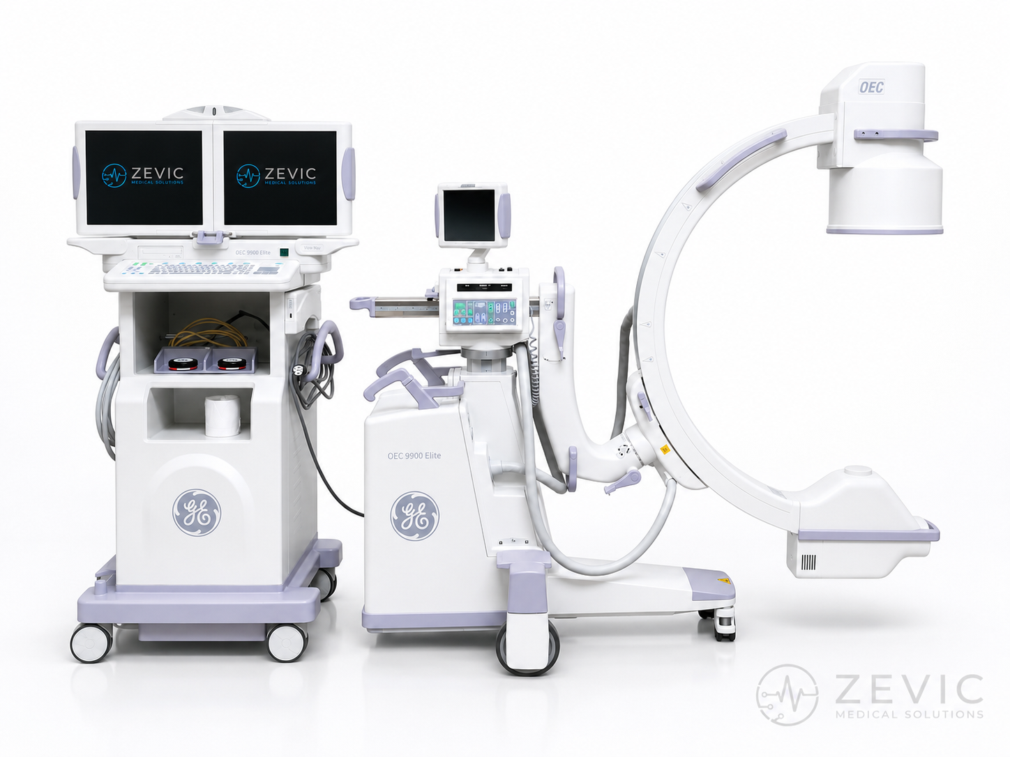 Medical imaging equipment including a fluoroscopy machine and monitors branded Zevic and GE.