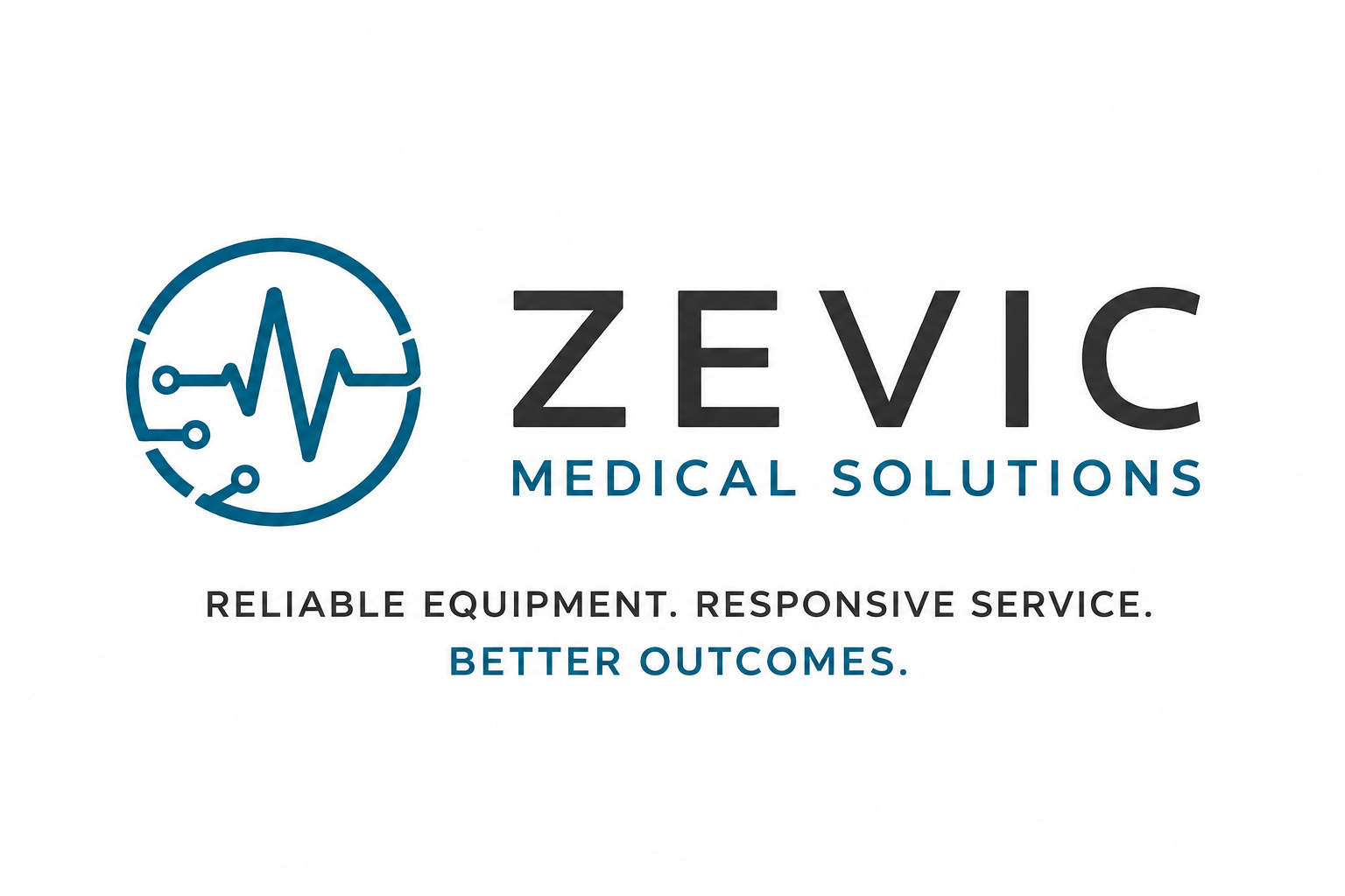 Logo for ZÉVIC Medical Solutions with a stylized medical heartbeat and circuit icon on the left, and the company name with tagline 'RELIABLE EQUIPMENT. RESPONSIVE SERVICE. BETTER OUTCOMES.'