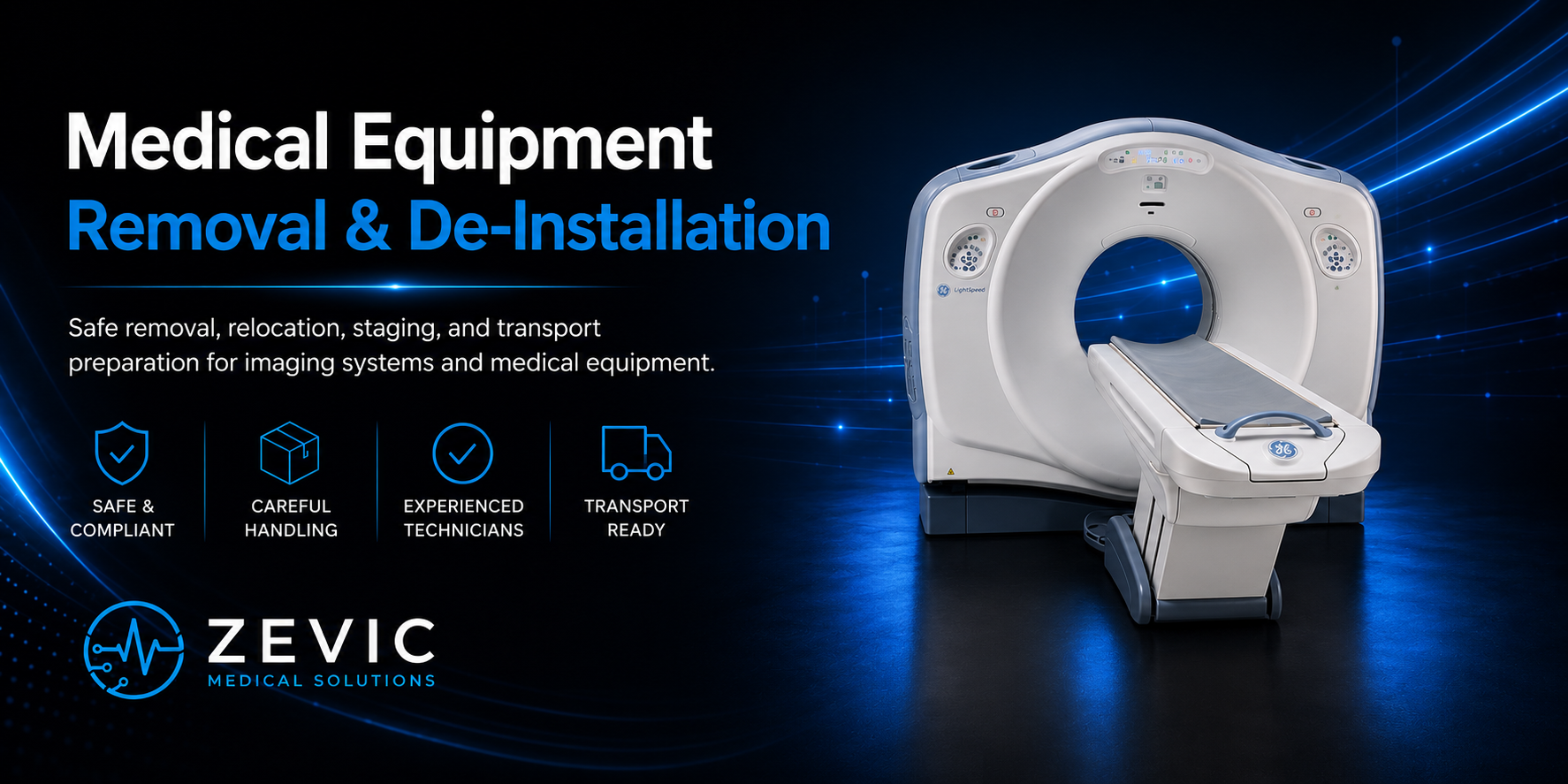 Promotional graphic for Zevic Medical Solutions featuring a large MRI machine and text about medical equipment removal and de-installation.