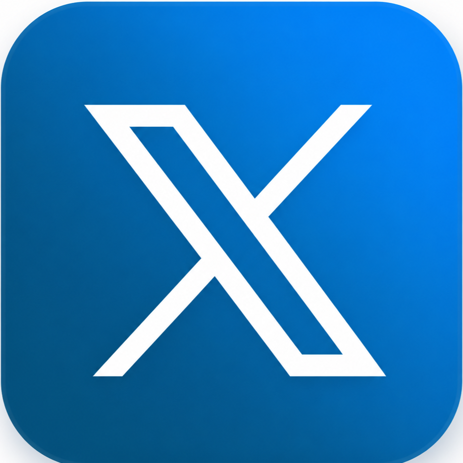 Blue square icon with a white stylized letter X.