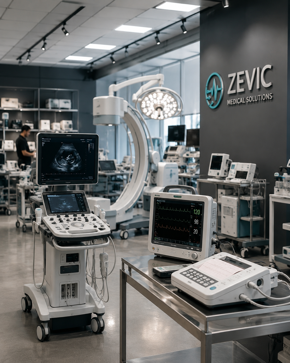 A modern medical imaging room with ultrasound and monitoring equipment, including a 3D heart monitor and an ultrasound screen displaying a pregnancy ultrasound, in a facility named Zevic Medical Solutions.