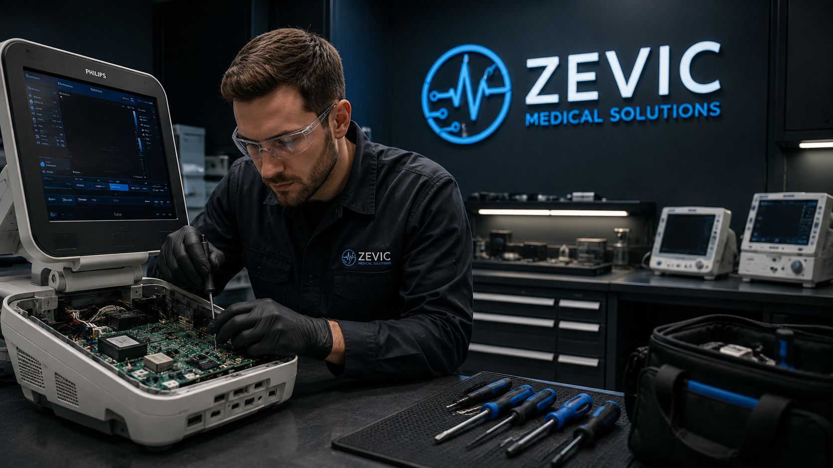 A technician repairing an electronic device at a tech lab with 'Zevic Medical Solutions' logo on the wall.