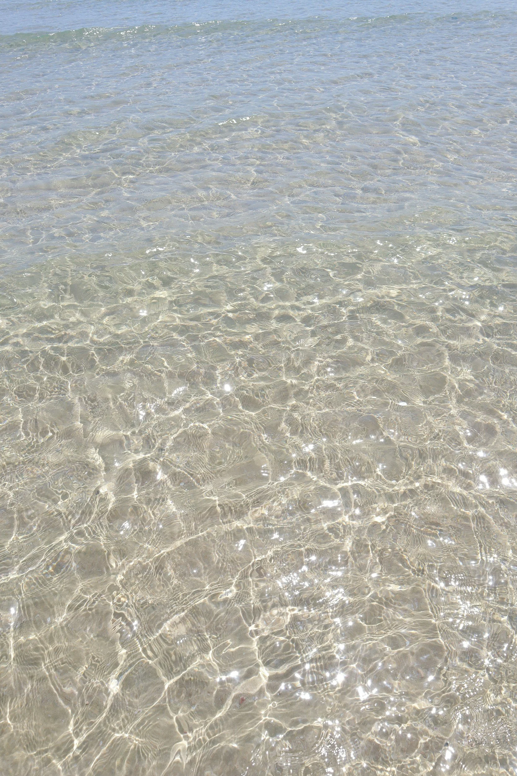 Clear, shallow ocean water with visible ripples and patches of sunlight reflection.