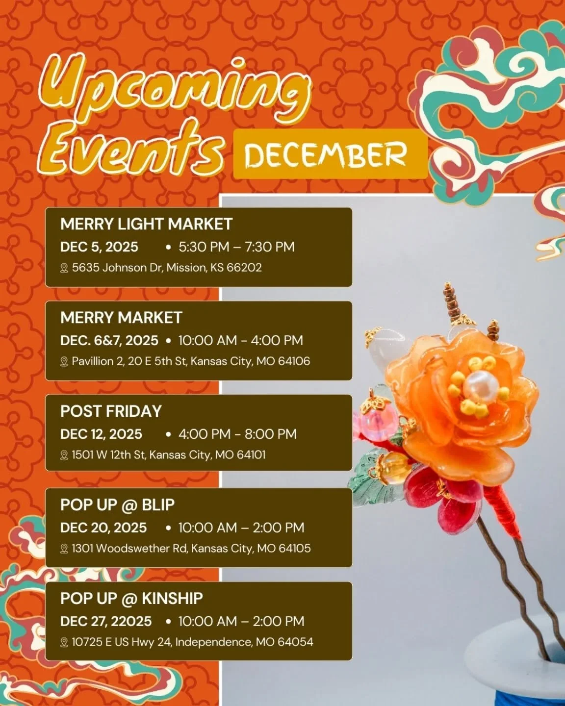 Let's wrap up 2025 with a ban! Come see me this month and say hi!
🏵️ Dec.5 : Merry Light Market @missionksmarket 
🏵️ Dec. 6+7: Merry Market @artgardenkc 
🏵️ Dec.12: Post Friday @westbottomsplantcompany 
🏵️ Dec. 20: Pop Up @bliproasters 
🏵️ Dec. 