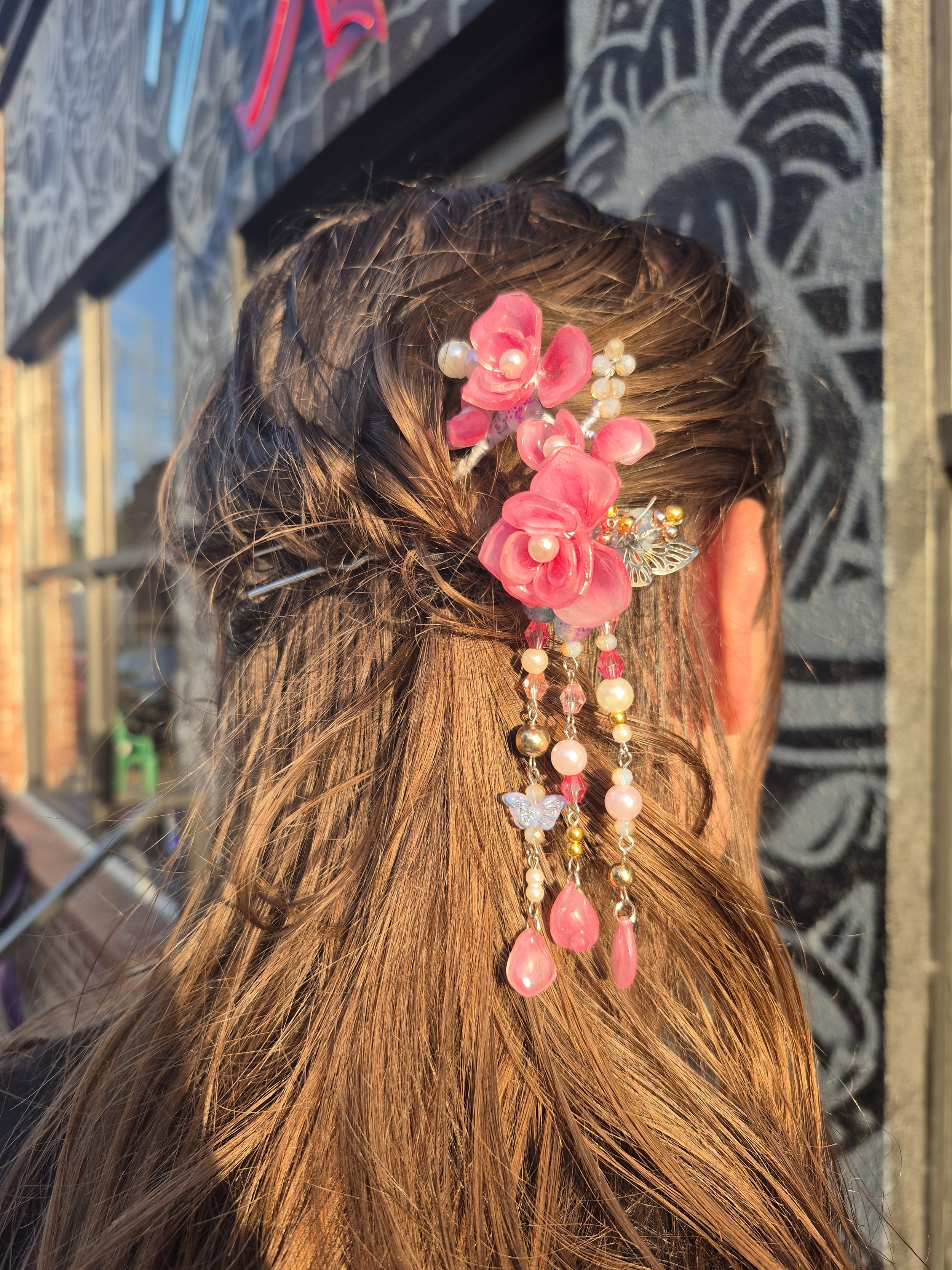  Large pink hairstick with beaded tassels for medium hair 