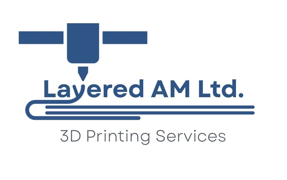 Logo for Layered AM Ltd. with a 3D printer nozzle printing layers, accompanied by the text "Layered AM Ltd." and "3D Printing Services".