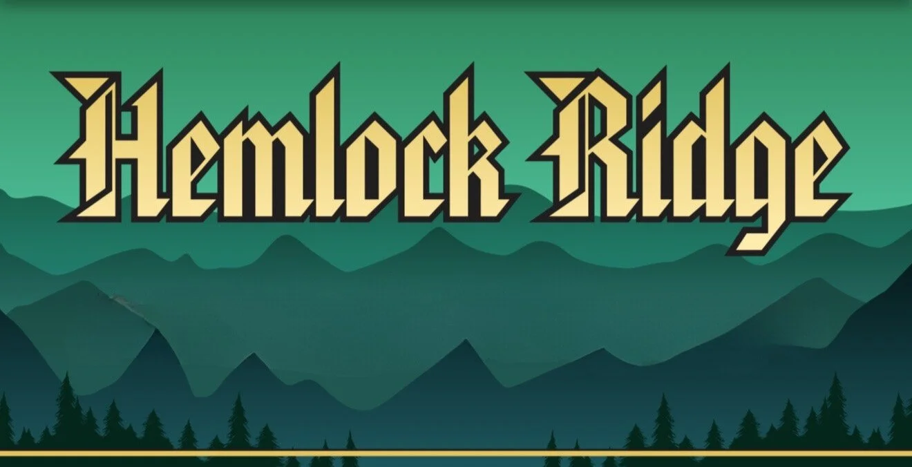 Logo for Hemlock Ridge with stylized text and mountain background.