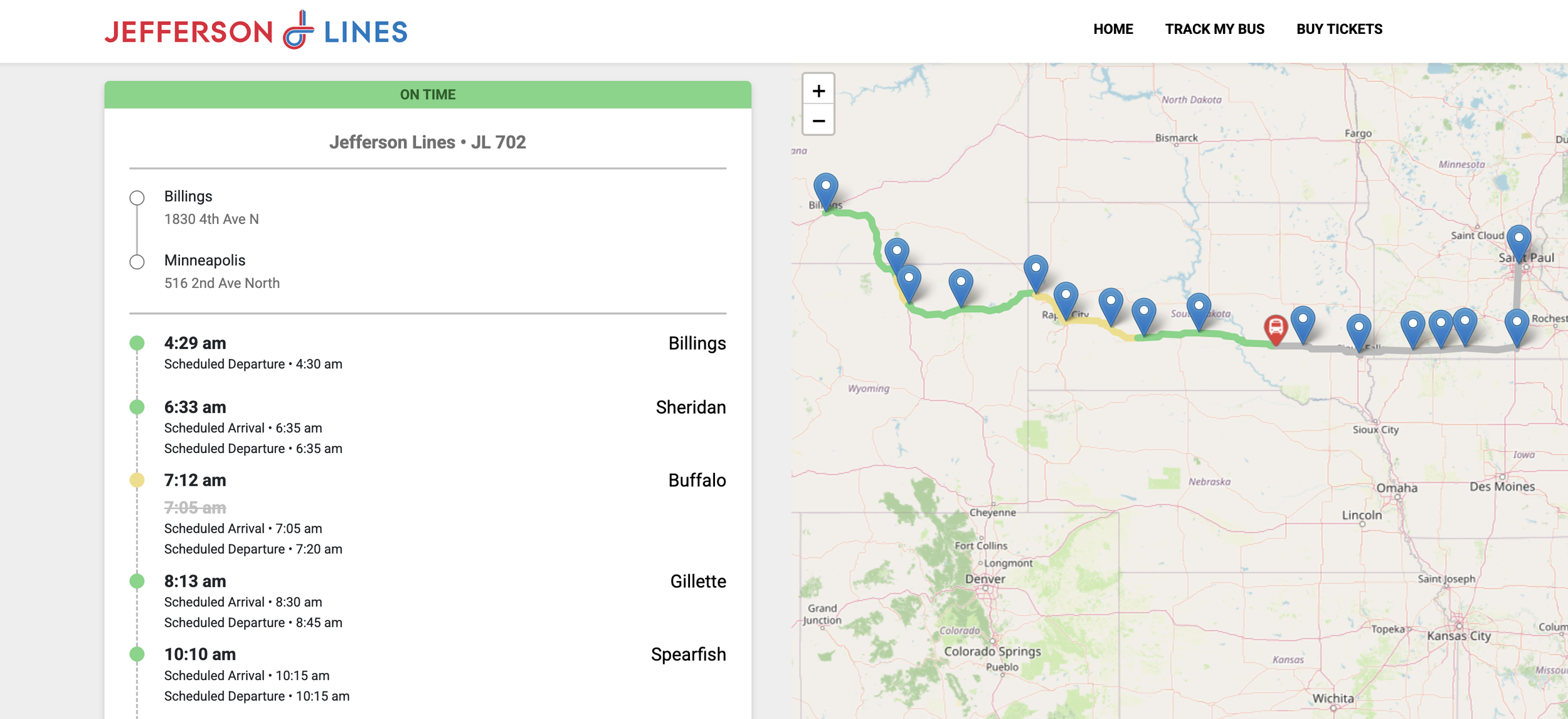 Screenshot of Jefferson Lines bus schedule and route map from Billings to Saint Paul, displaying stops, times, and the bus route on a map.
