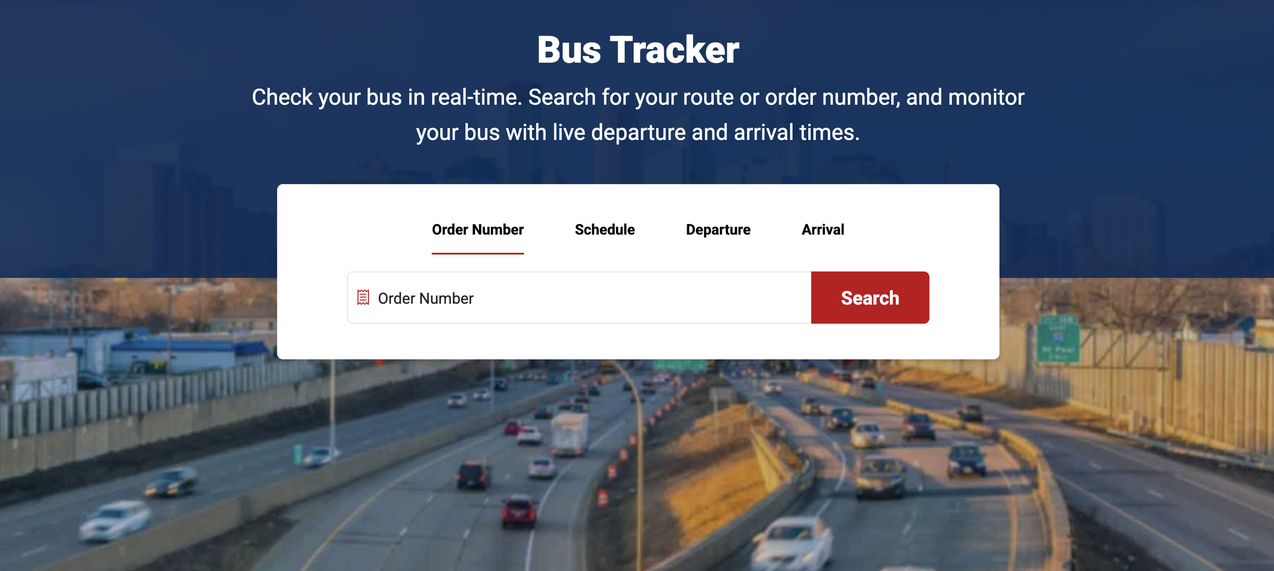 A digital bus tracker interface with a search bar for entering an order number, overlaid on a background of a highway with moving cars, surrounded by a cityscape and highway signs.