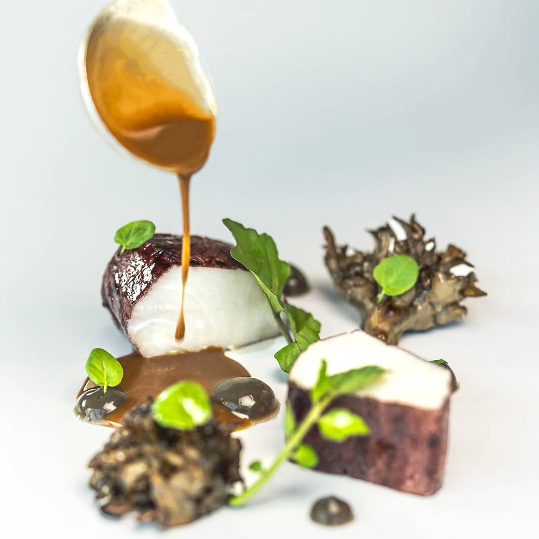 Penfolds Shiraz, maitake, peppercorn sauce Cobia by Michelin-star Chef Clare Smyth