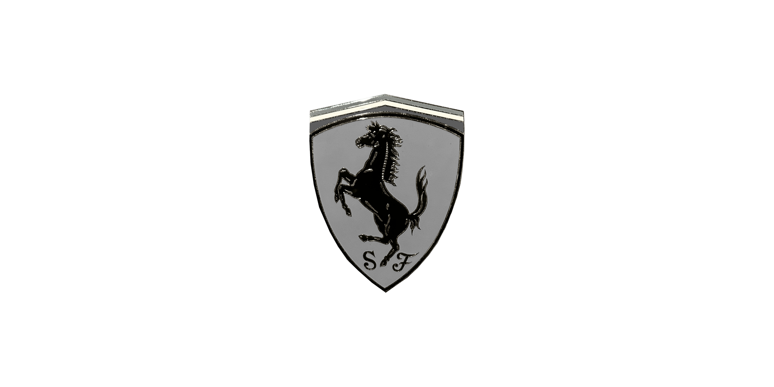 Ferrari logo featuring a black prancing horse on a silver shield with the letters 'S' and 'F' at the bottom.