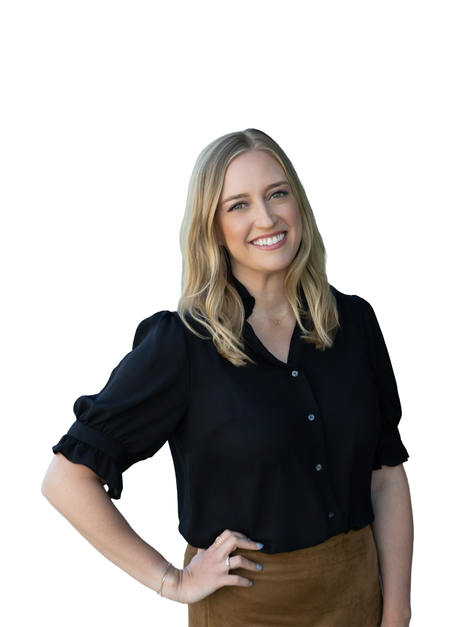 A woman with long blonde hair wearing a navy blazer and matching top, smiling against a white background.