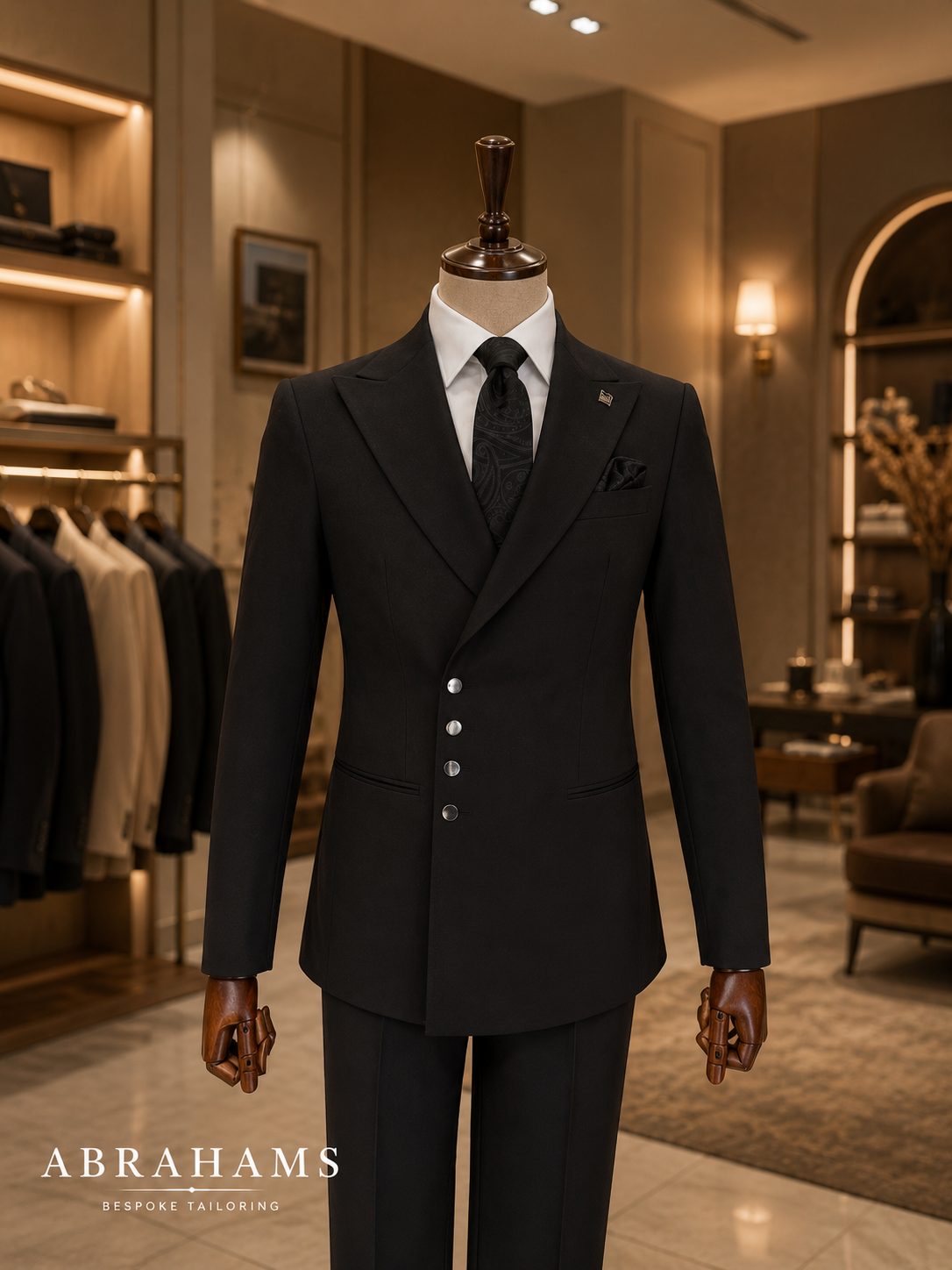 terno preto sob medida em loja de roupas de luxo, com fundo de móveis de madeira e iluminação suave.