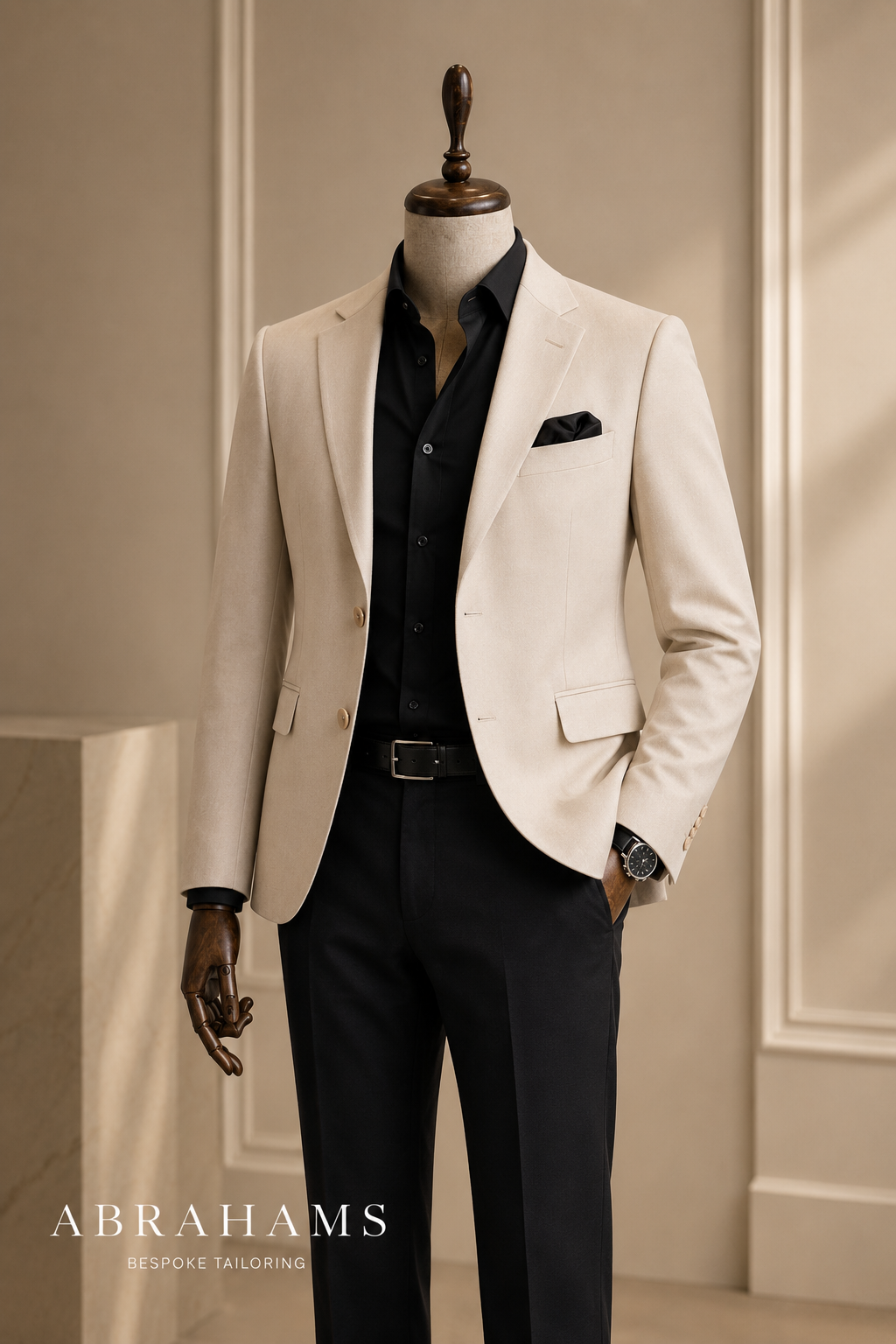 manequim vestindo terno bege com blusa preta e lenço preto no bolso, em ambiente elegante