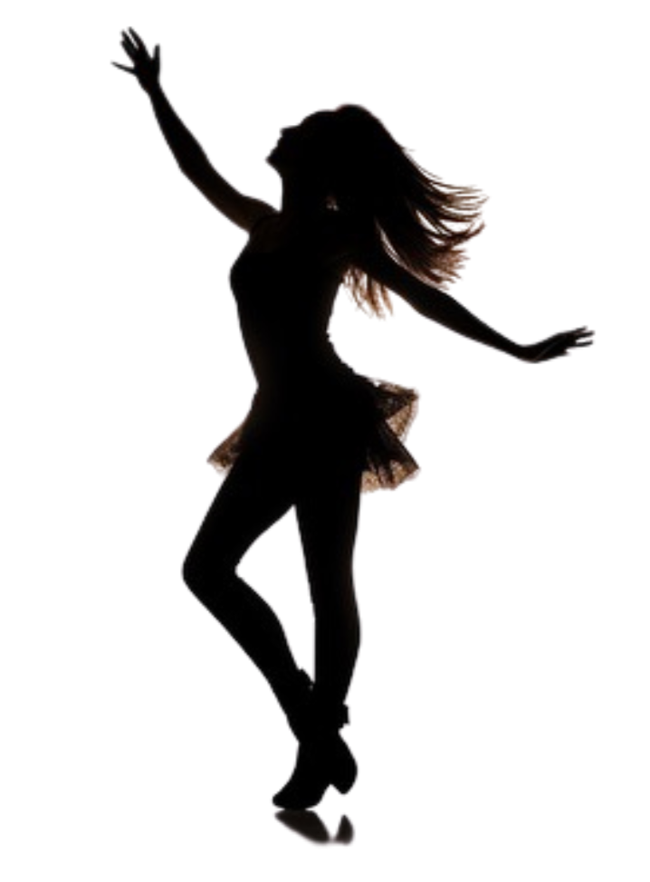 Silhouette of a woman dancing with arms raised and hair flowing.
