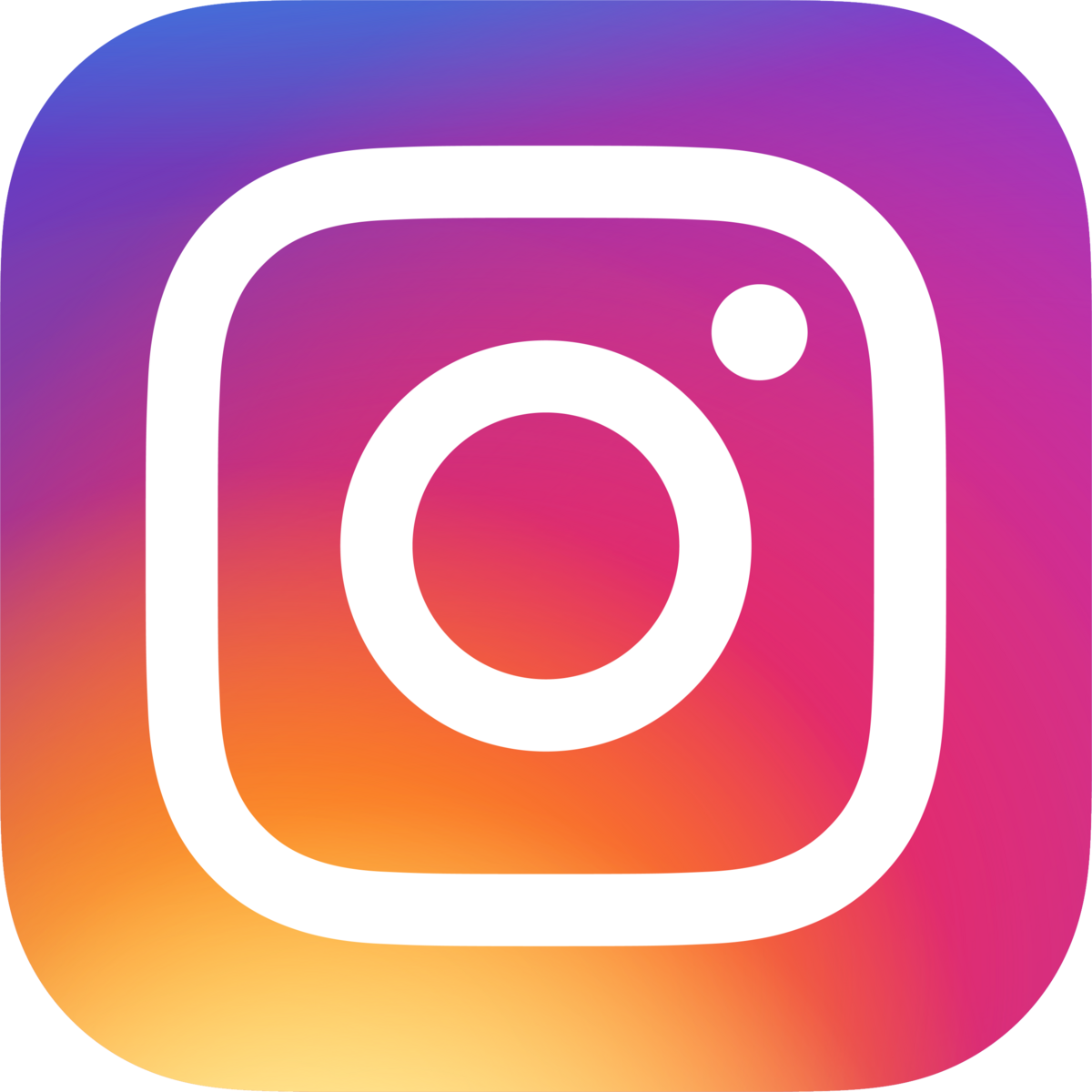 Instagram logo with white outline and colorful gradient background of purple, pink, orange, and yellow