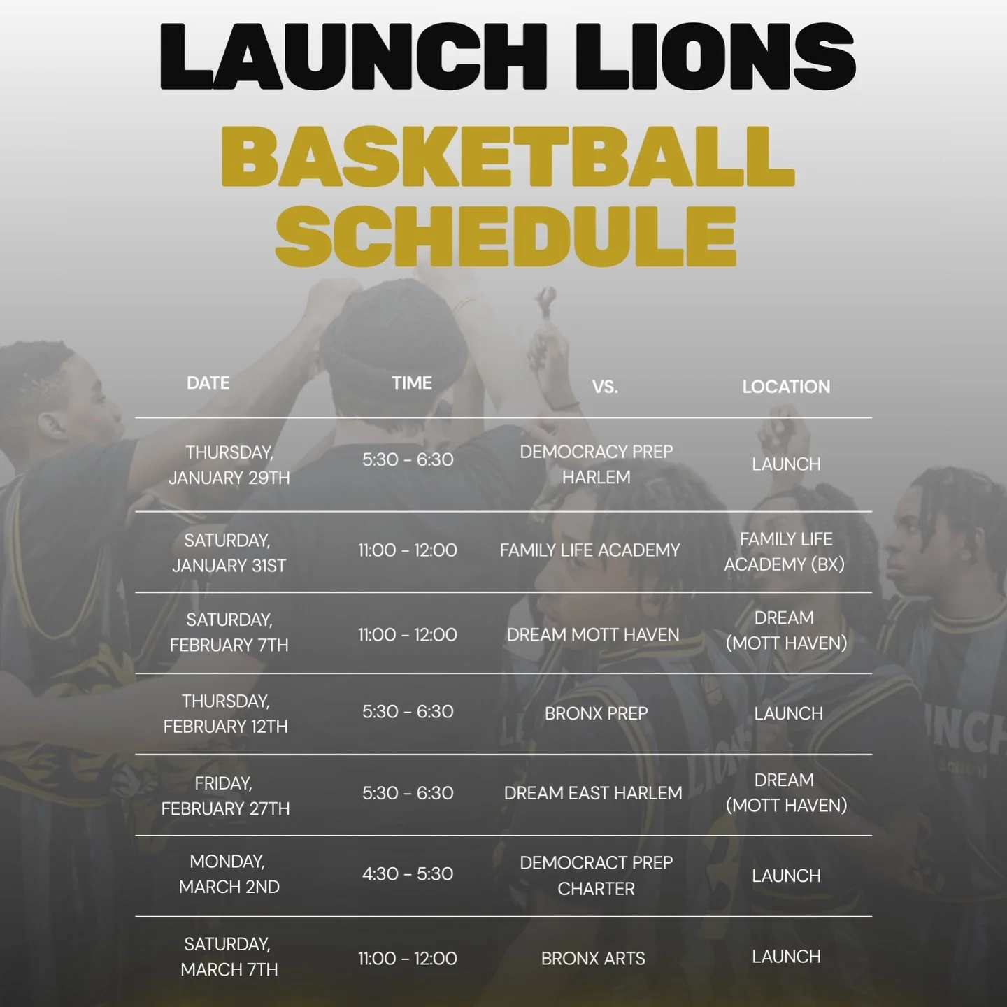 Launch lions basketball schedule for the remainder of the season. Go lions 🦁🏀⛹️