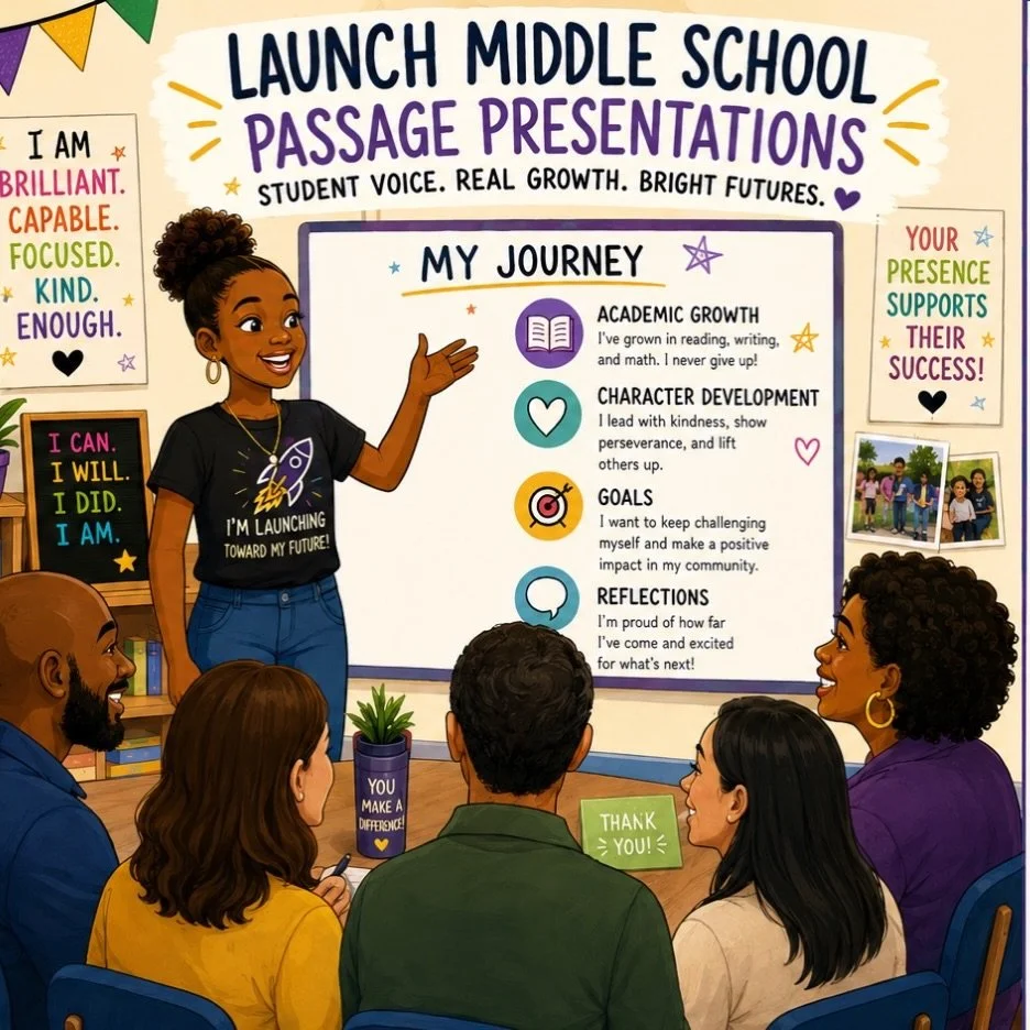 Launch Middle School is looking for community members, families, educators, and supporters to serve as audience members and panelists for our upcoming Passage Presentations on June 16&ndash;17.

Passages are a culminating presentation where students 