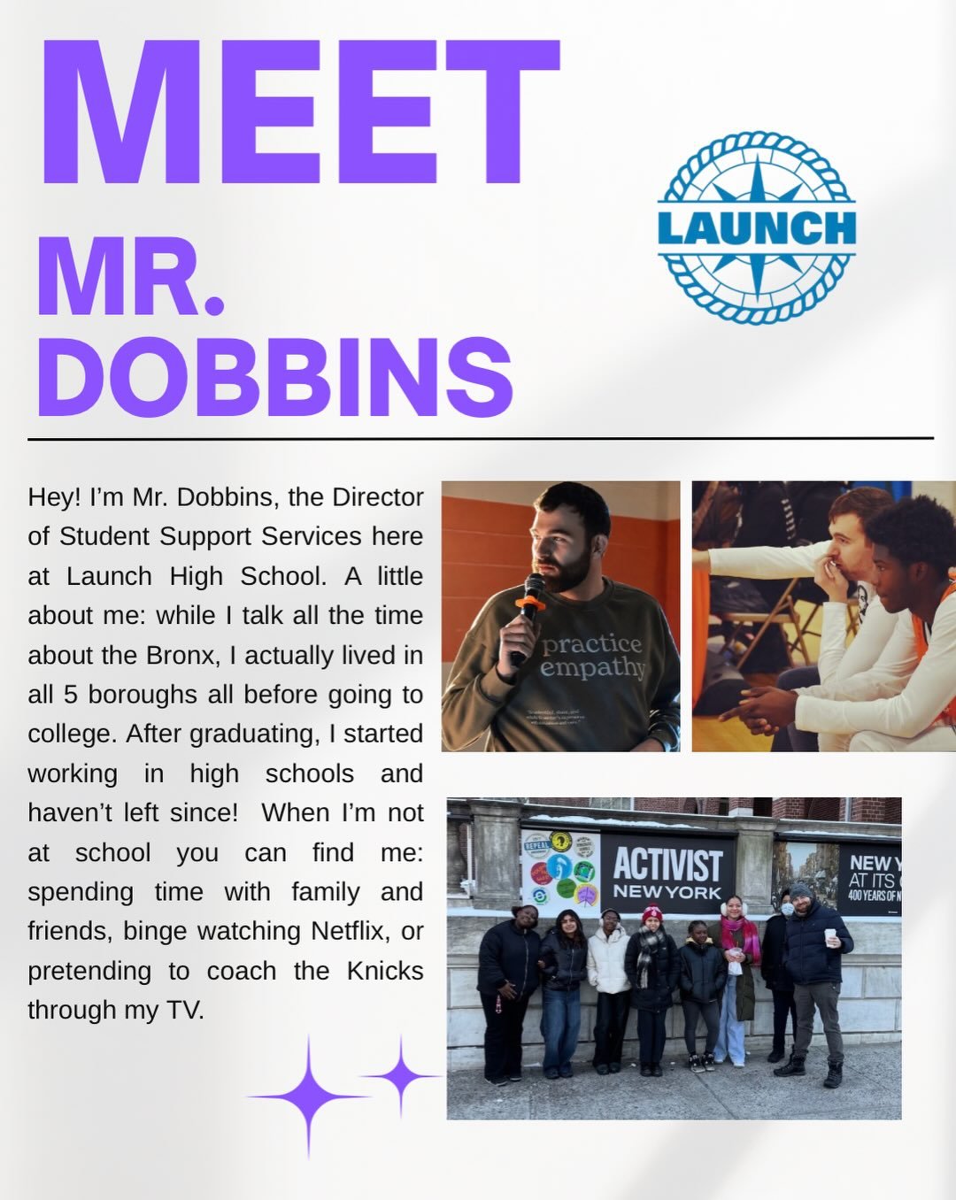 Day 6 of getting to know your teachers! 🍎✨

Today, we&rsquo;re shining the spotlight on Mr. Dobbins! 👋 Get to know the teacher behind the lessons, laughs, and learning. 📚

Stay tuned for more teacher spotlights! ✨

&iexcl;D&iacute;a 6 de conocer a