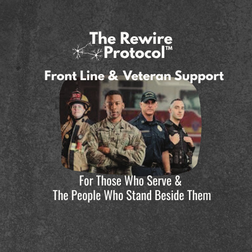 Poster titled 'The Rewire Protocol' featuring four first responders: a firefighter, a soldier, a police officer, and a paramedic, with text supporting front line and veteran support for those who serve and stand beside them.