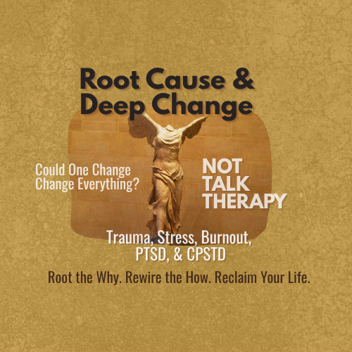 Book cover titled "Root Cause & Deep Change" with a statue of Jesus Christ on the cross and text about therapy and reclaiming life.