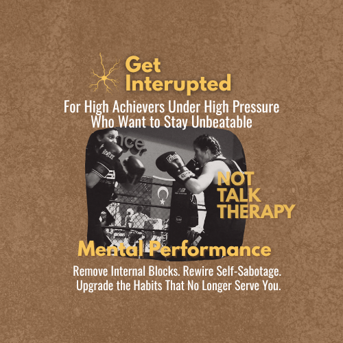 Text-based image with a photo of two women boxing, promoting mental performance through not talk therapy, for high achievers under pressure, with a brown background and yellow and white text.