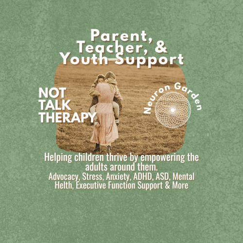 Poster for Parent, Teacher, & Youth Support organization with a photo of a child being carried by an adult in a field and a graphic of a neuron ball. Text mentions not talk therapy, advocacy, stress, anxiety, ADHD, ASD, mental health, and executive function support.