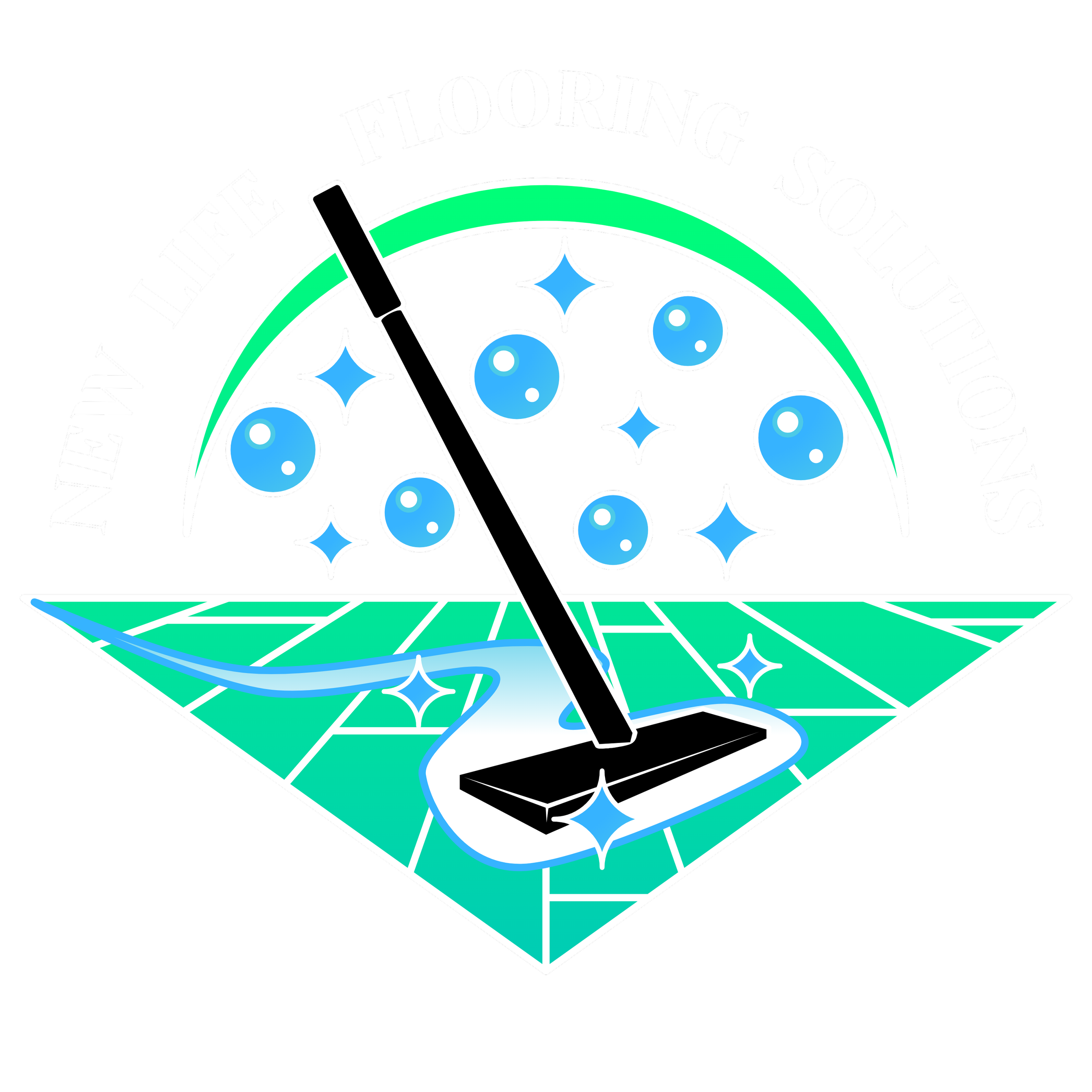 Logo with a floor, vacuum cleaner, blue bubbles, and stars, surrounded by the text 'New The Flooring Solution'.