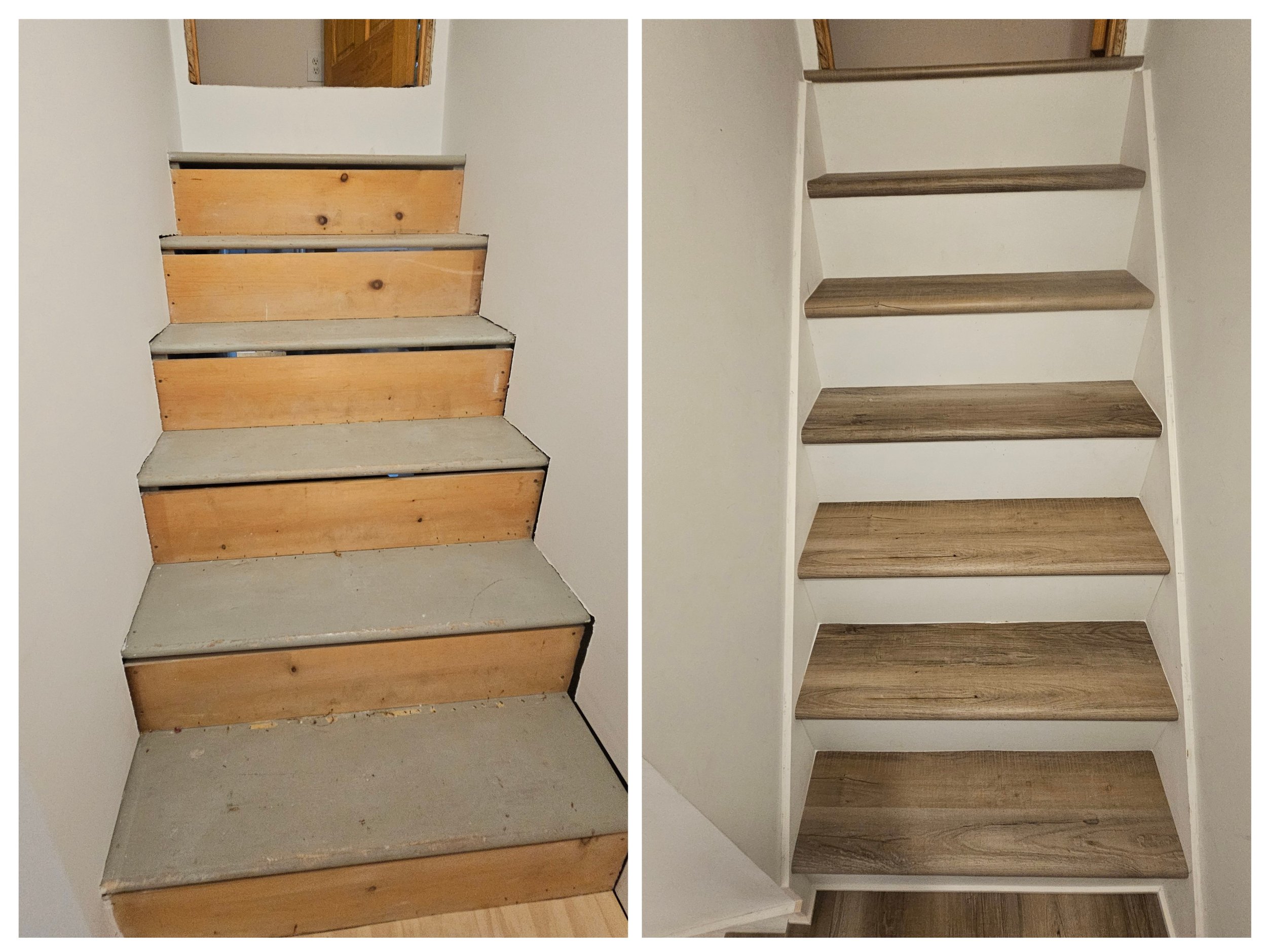 Comparison of a staircase before and after remodeling. The left shows a staircase with unfinished wooden risers and concrete steps, while the right shows the same staircase with new finished wooden steps and painted risers.