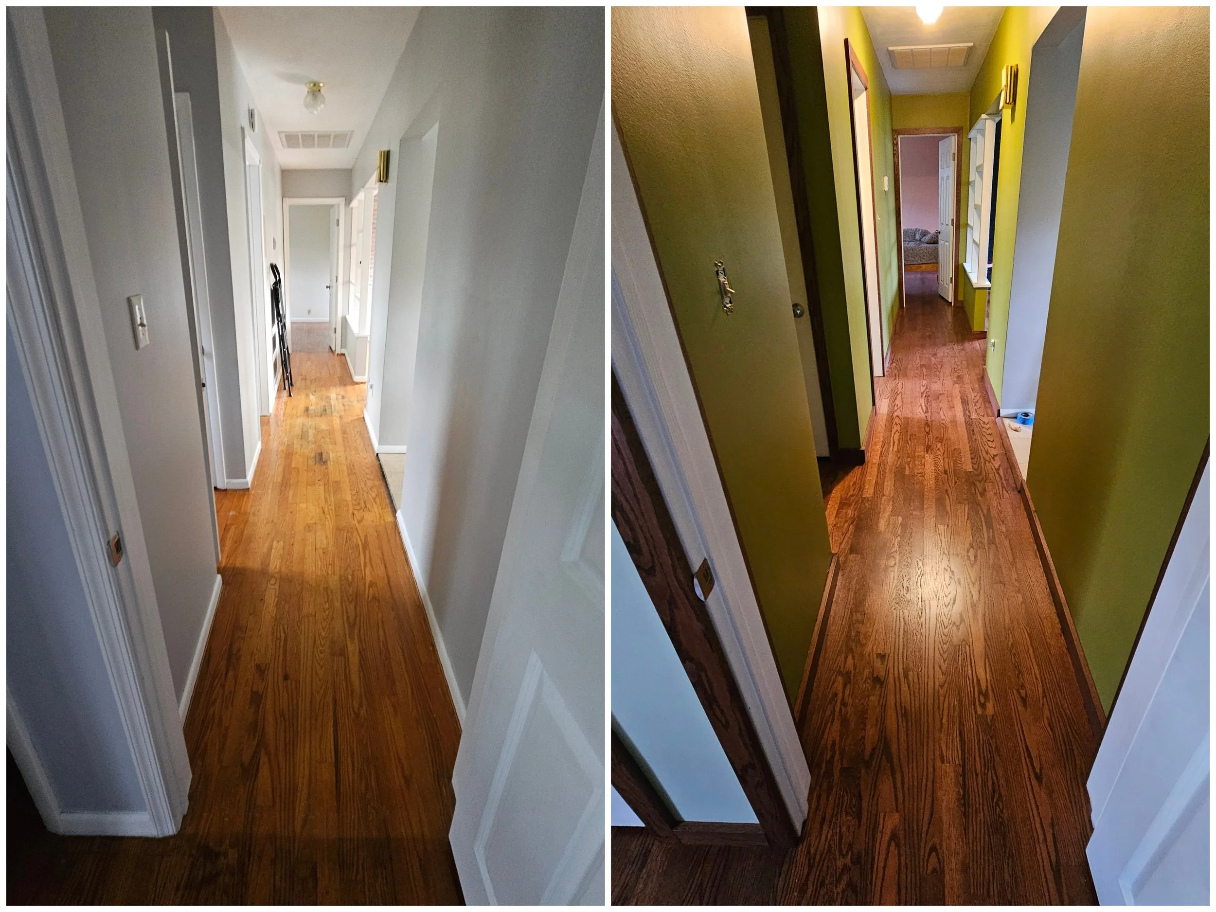 Comparison of a hallway with white walls and natural wood flooring on the left, and the same hallway painted in bright green with the same flooring on the right.