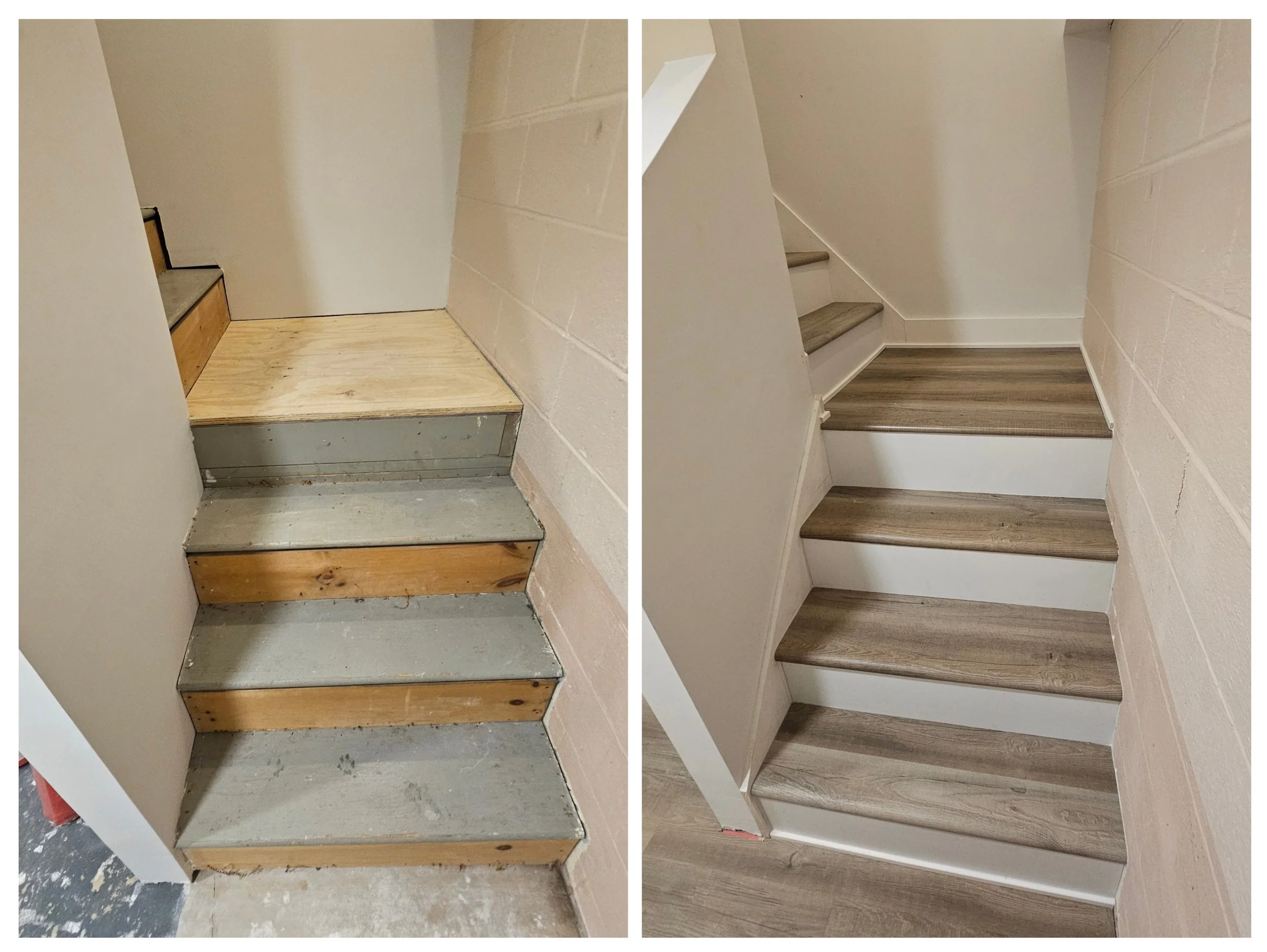 Before and after comparison of a staircase renovation. The left side shows bare construction steps with wooden and concrete surfaces, while the right side shows finished steps with wood-look flooring and painted risers.