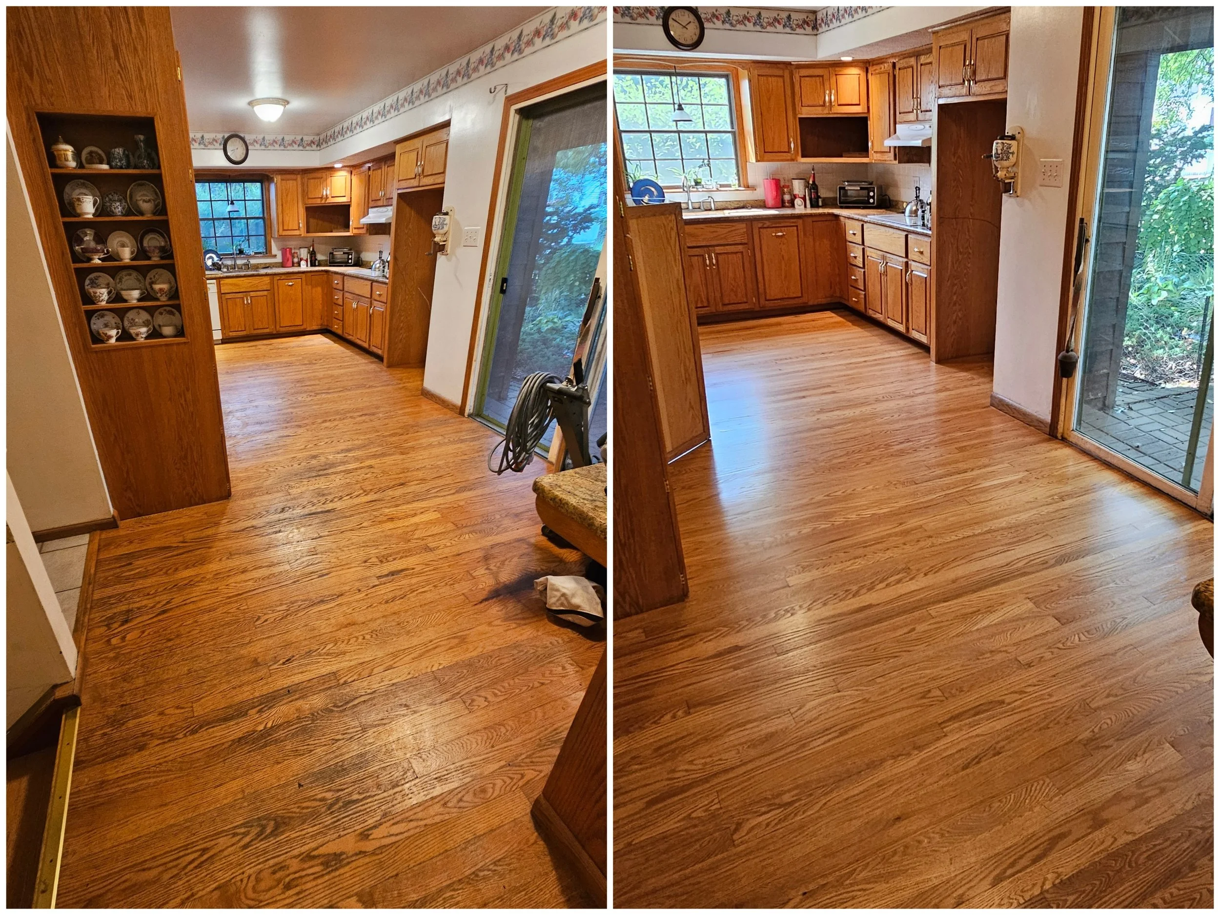 Side-by-side photos of a kitchen after renovation. The left photo shows the room before, with a cluttered countertop, a wall decorated with floral wallpaper border, a clock, and a sliding glass door with a screened porch view. The right photo shows the cleaned and organized kitchen with new wood cabinetry, a large window, and a sliding glass door with a view of green foliage outside.