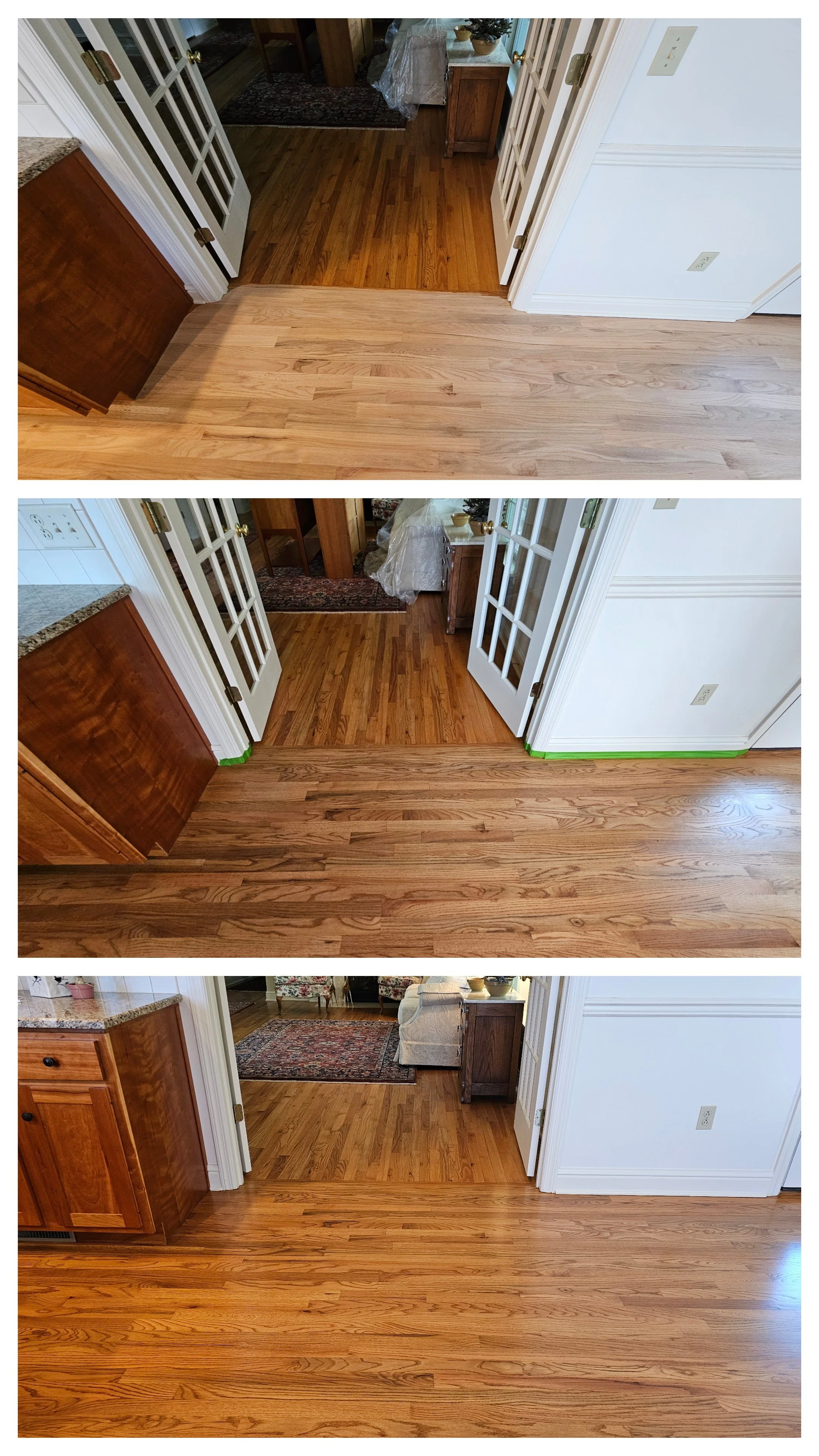 Progression of hardwood floor refinishing showing three stages: before, during, and after sanding and staining, with baseboards taped off.