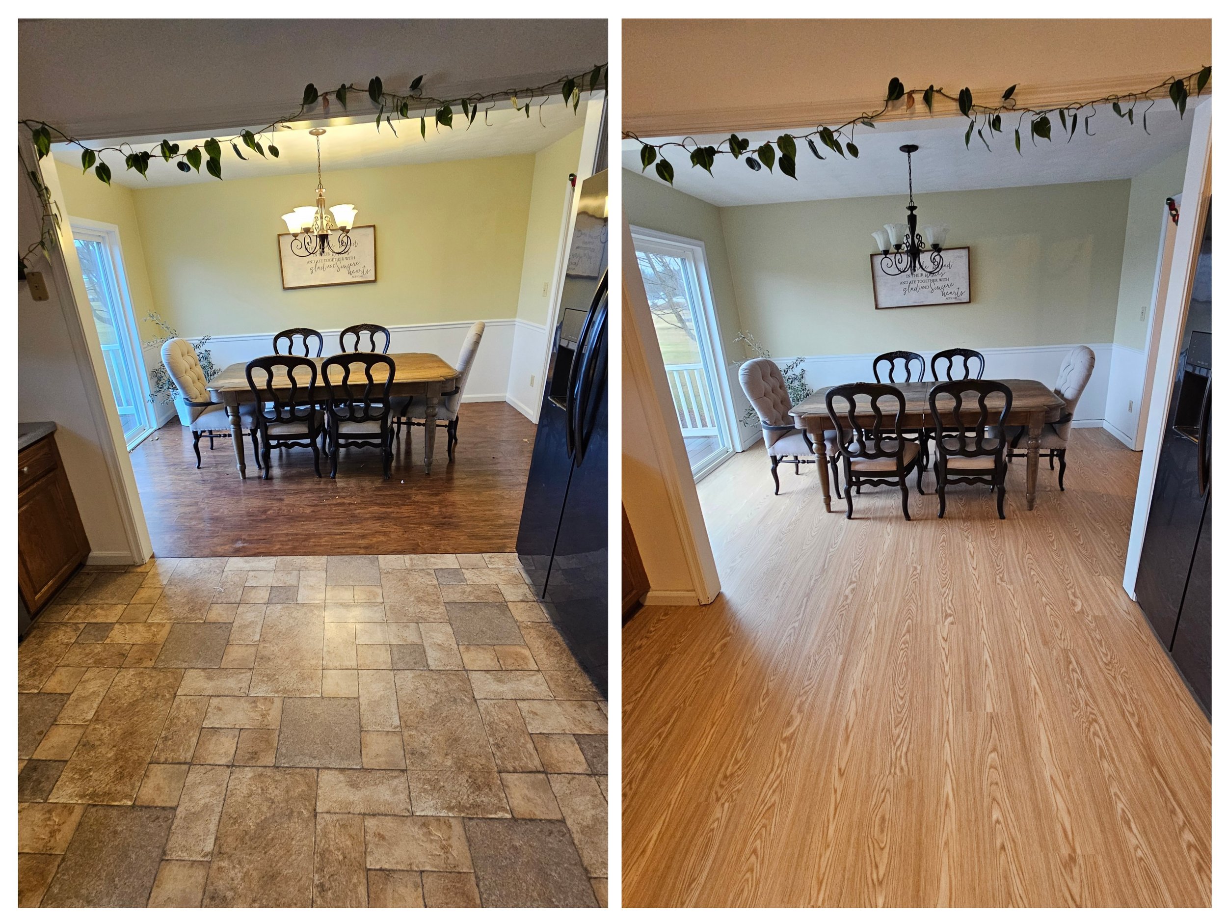 Before and after photos of a dining room floor renovation. The left side shows old tiled flooring, the right side shows new wood laminate flooring.