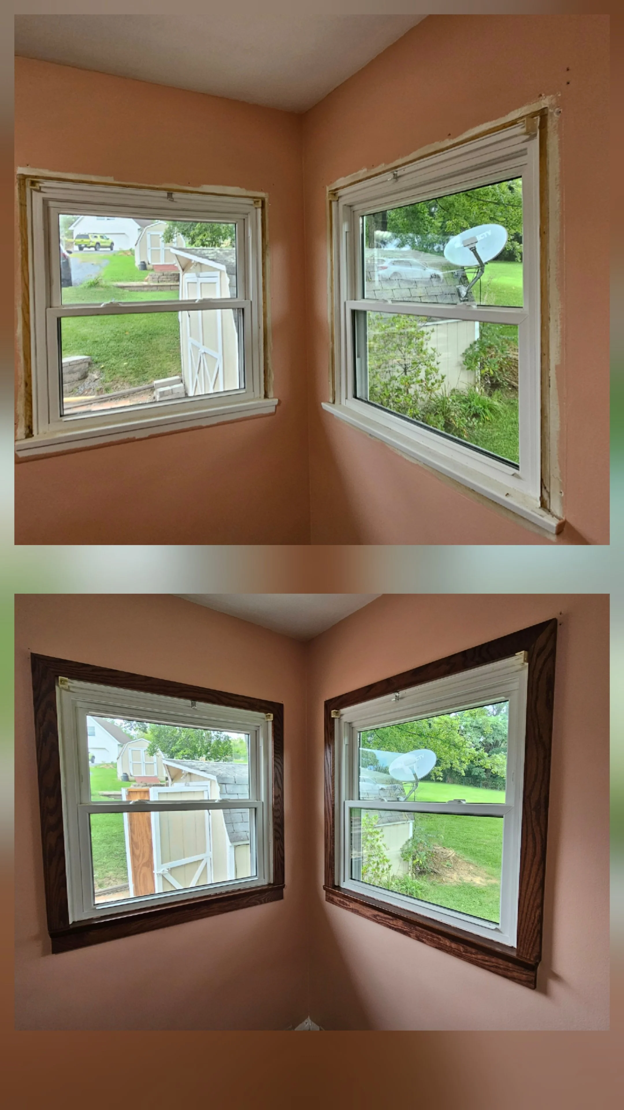 Comparison of two sets of double-hung windows showing progress of window trim installation. The top set has unfinished white trim, while the bottom set has stained wood trim.