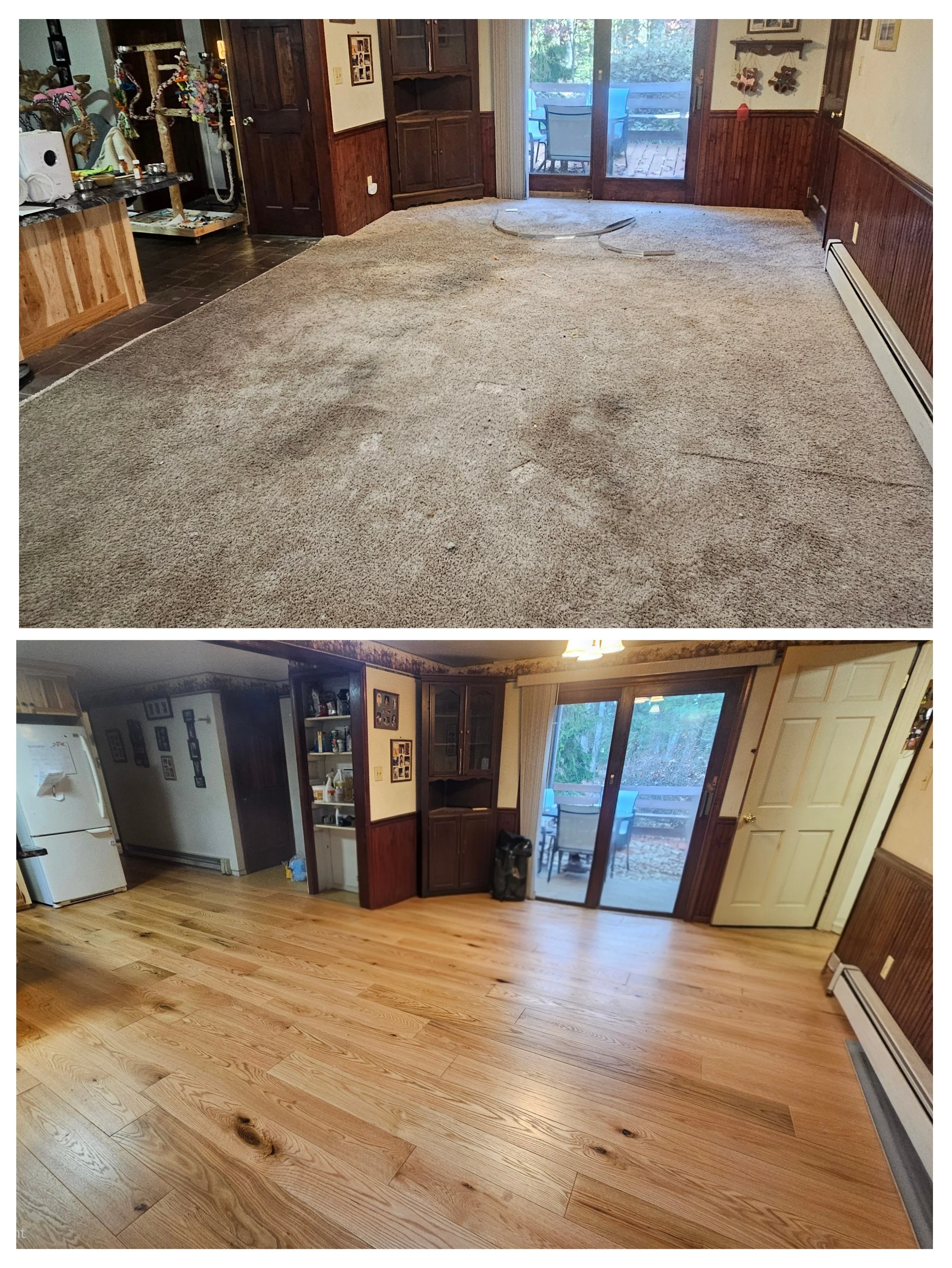 Comparison of a living room before and after hardwood floor installation, showing removal of old carpet and new wooden flooring.